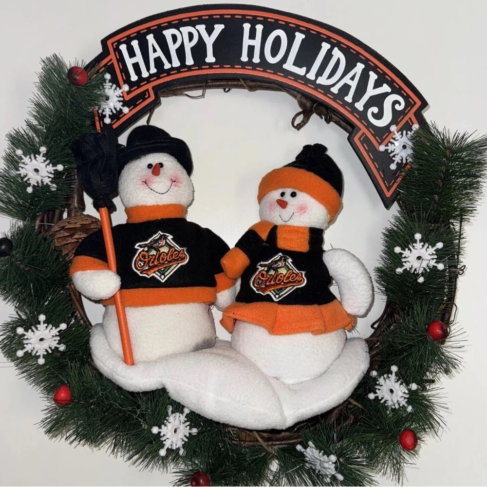 Baltimore Orioles SC Christmas Happy Holidays Wreath 18” MLB Snowman Orange Blk
